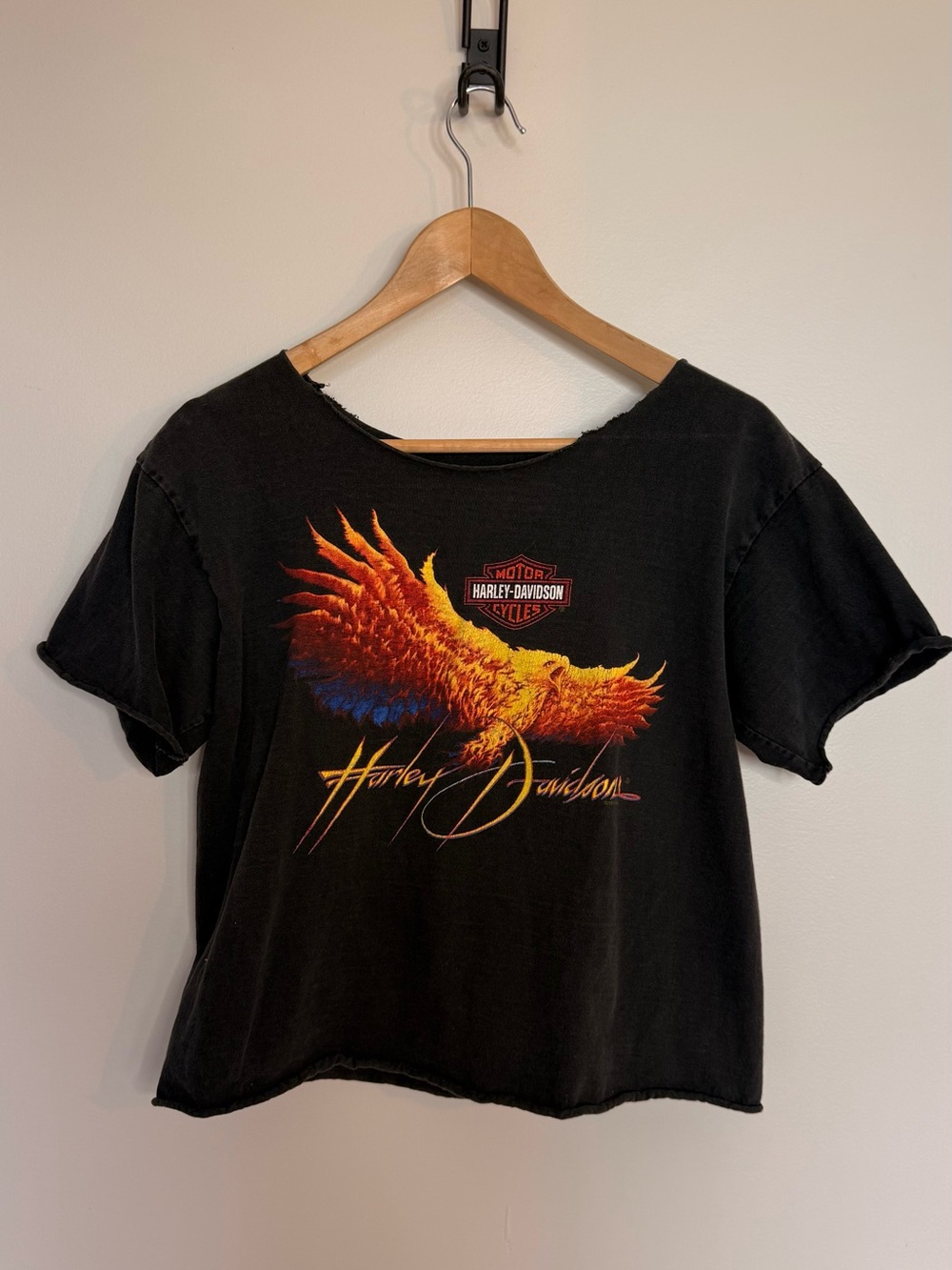 1997 Harley-Davidson Black Crop Tee with Orange & Yellow Eagle Graphic